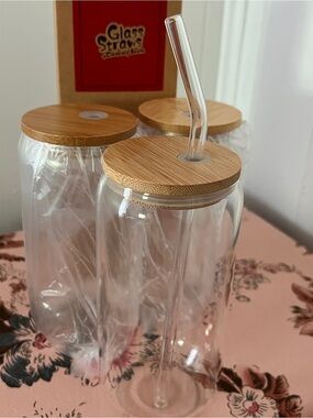 Glass Straw Bamboo Lid Drinking Jars - Clear & Natural Brand New Set of 3